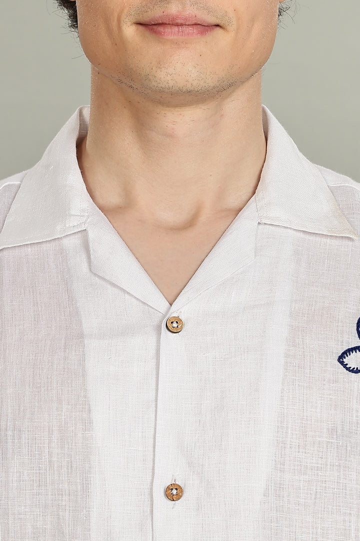 Starfish Linen Shirt – 100% Pure Linen - White Shirt with Navy Floral Embroidery - Men’s Coastal Summer Style | CraftedLinen