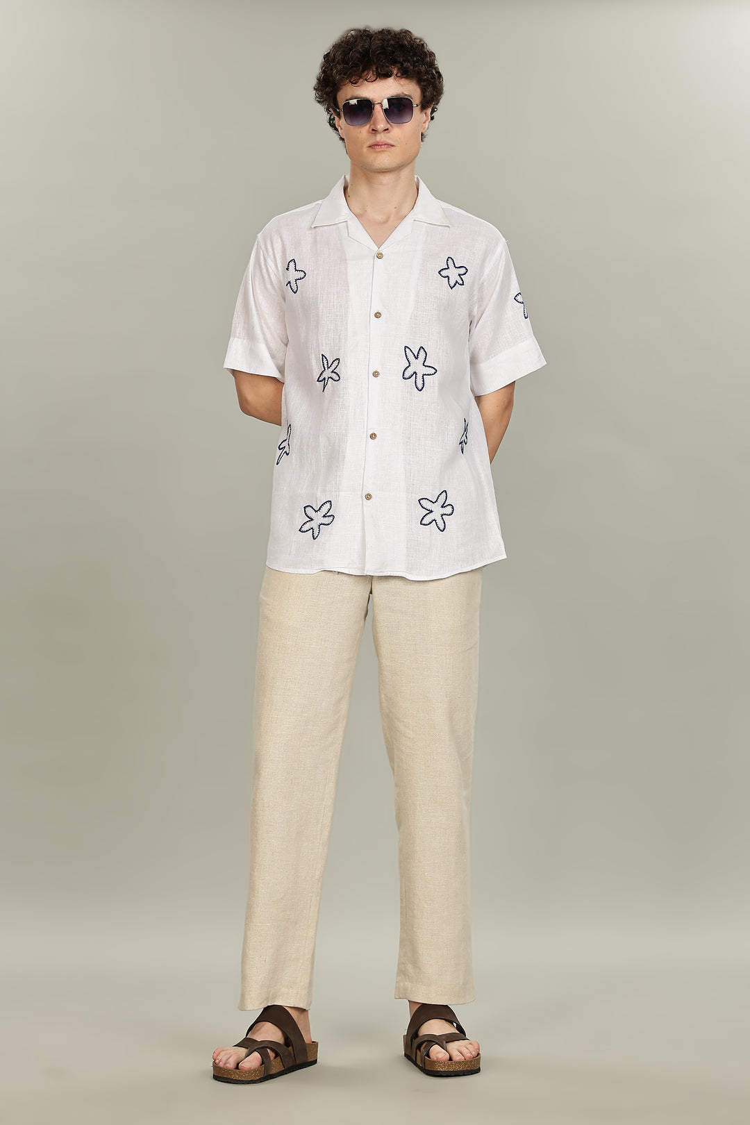 Starfish Linen Shirt – 100% Pure Linen - White Shirt with Navy Floral Embroidery - Men’s Coastal Summer Style | CraftedLinen