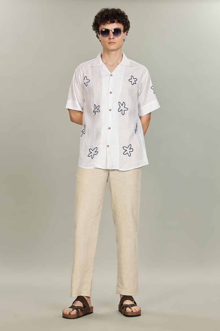 Starfish Linen Shirt – 100% Pure Linen - White Shirt with Navy Floral Embroidery - Men’s Coastal Summer Style | CraftedLinen