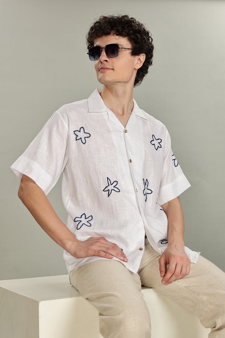 Starfish Linen Shirt – 100% Pure Linen - White Shirt with Navy Floral Embroidery - Men’s Coastal Summer Style | CraftedLinen