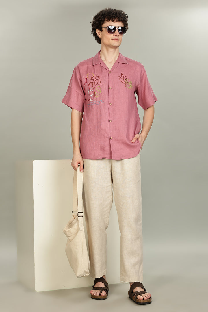 Rose Picnic Linen Shirt - 100% Pure Linen - Dusky Rose - Artistic Embroidery - Men’s Summer Fashion | CraftedLinen
