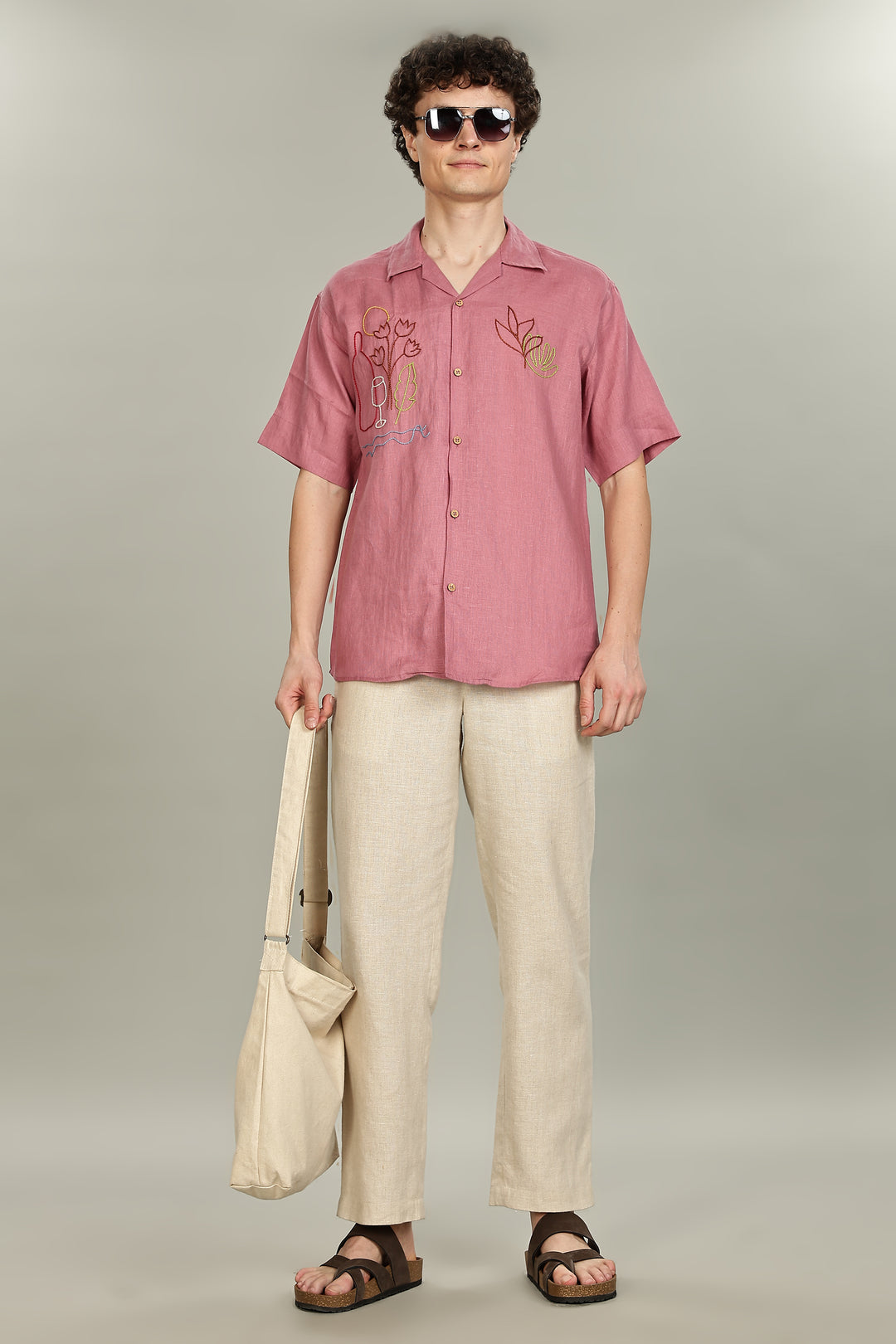 Rose Picnic Linen Shirt - 100% Pure Linen - Dusky Rose - Artistic Embroidery - Men’s Summer Fashion | CraftedLinen