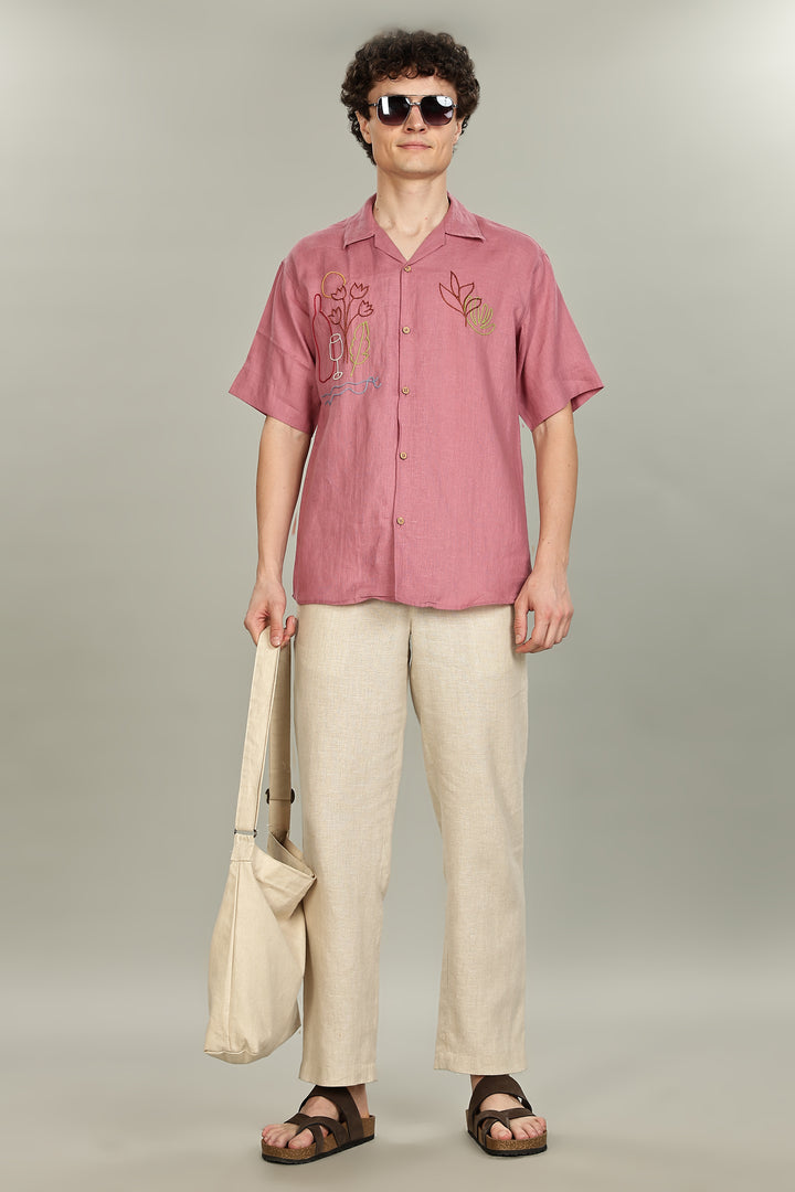 Rose Picnic Linen Shirt - 100% Pure Linen - Dusky Rose - Artistic Embroidery - Men’s Summer Fashion | CraftedLinen