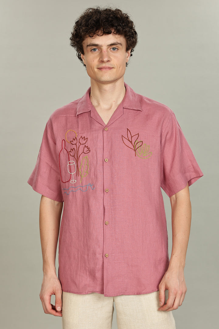 Rose Picnic Linen Shirt - 100% Pure Linen - Dusky Rose - Artistic Embroidery - Men’s Summer Fashion | CraftedLinen