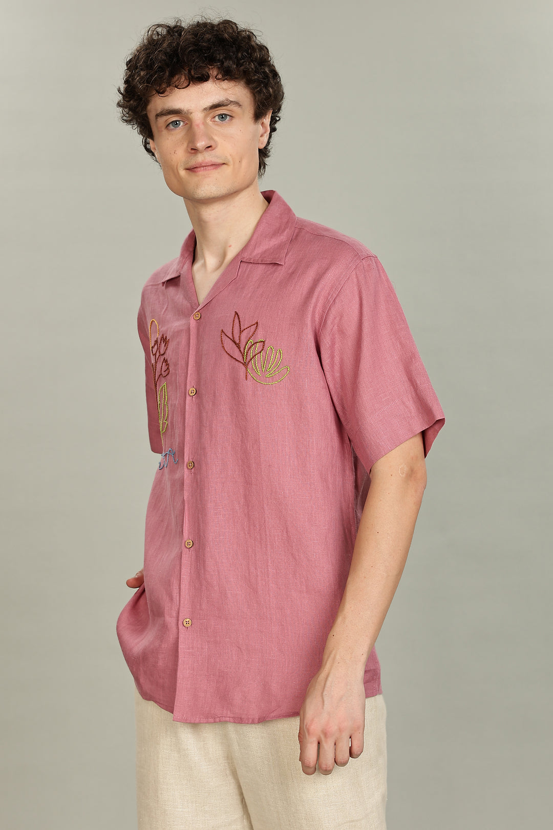 Rose Picnic Linen Shirt - 100% Pure Linen - Dusky Rose - Artistic Embroidery - Men’s Summer Fashion | CraftedLinen
