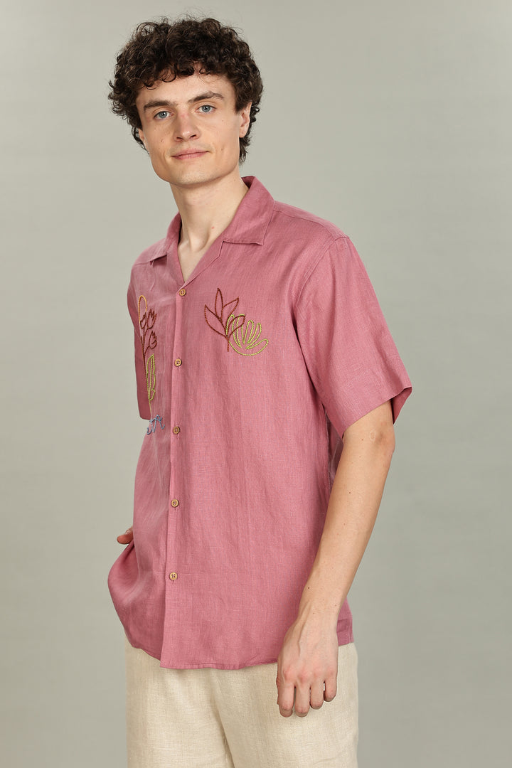 Rose Picnic Linen Shirt - 100% Pure Linen - Dusky Rose - Artistic Embroidery - Men’s Summer Fashion | CraftedLinen