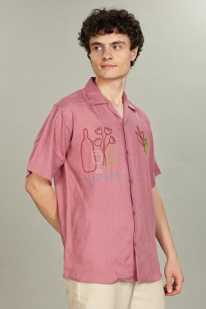 Rose Picnic Linen Shirt - 100% Pure Linen - Dusky Rose - Artistic Embroidery - Men’s Summer Fashion | CraftedLinen