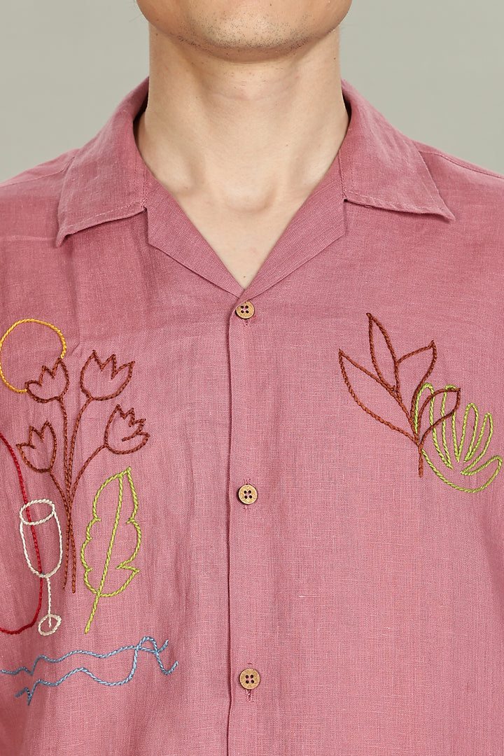 Rose Picnic Linen Shirt - 100% Pure Linen - Dusky Rose - Artistic Embroidery - Men’s Summer Fashion | CraftedLinen