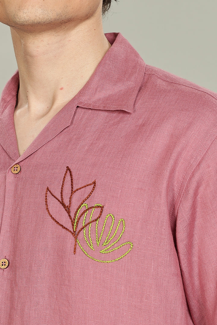 Rose Picnic Linen Shirt - 100% Pure Linen - Dusky Rose - Artistic Embroidery - Men’s Summer Fashion | CraftedLinen