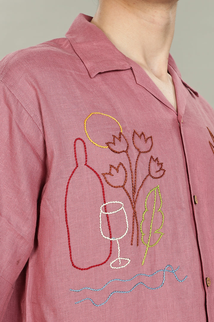 Rose Picnic Linen Shirt - 100% Pure Linen - Dusky Rose - Artistic Embroidery - Men’s Summer Fashion | CraftedLinen