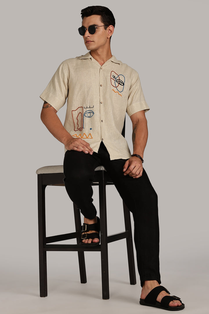 Handwork Beige Linen Shirt – EyeCraft Embroidery – 100% Pure Linen – Men's Trending Fashion | CraftedLinen
