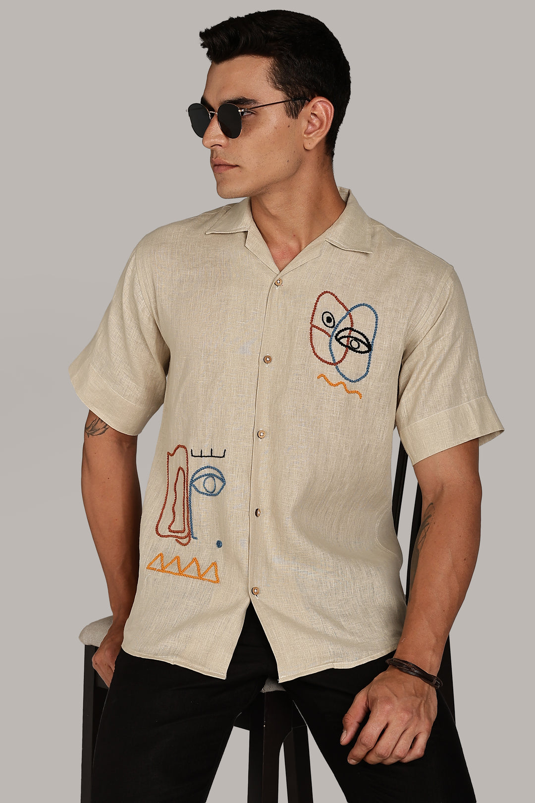 Handwork Beige Linen Shirt – EyeCraft Embroidery – 100% Pure Linen – Men's Trending Fashion | CraftedLinen