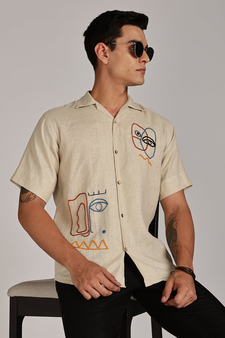 Handwork Beige Linen Shirt – EyeCraft Embroidery – 100% Pure Linen – Men's Trending Fashion | CraftedLinen
