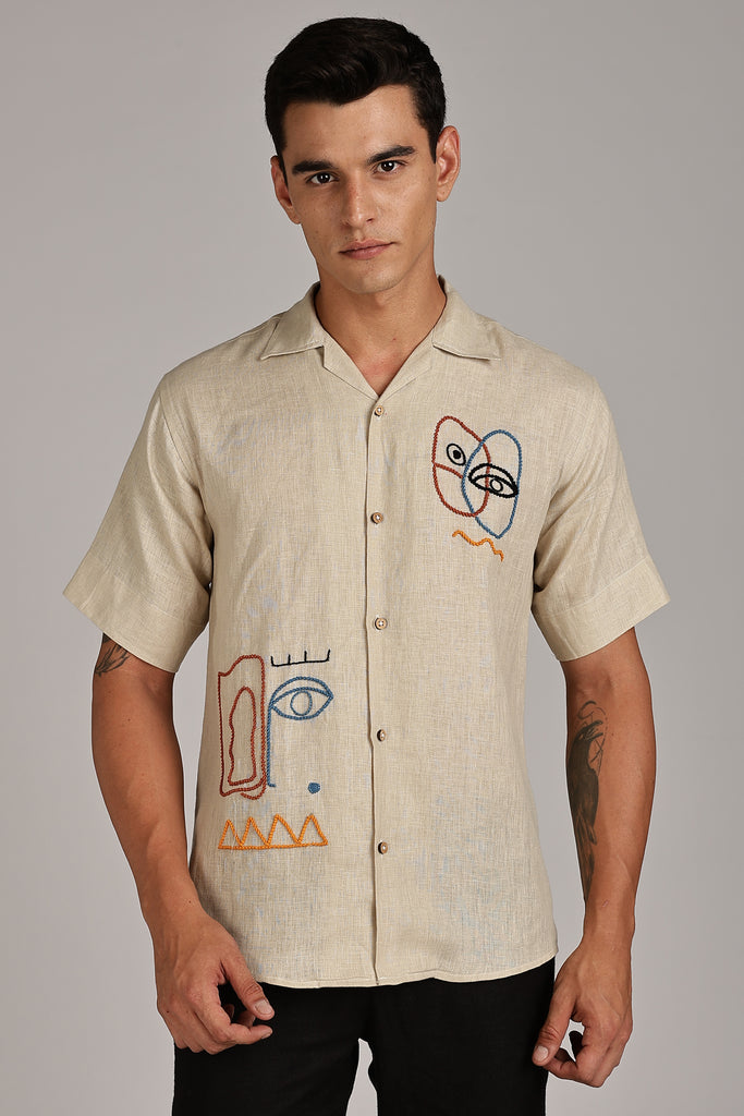 【MODERNIF】Premium overfit linen shirt Linen Shirts for Men - Handwork Natural Beige Linen Shirt