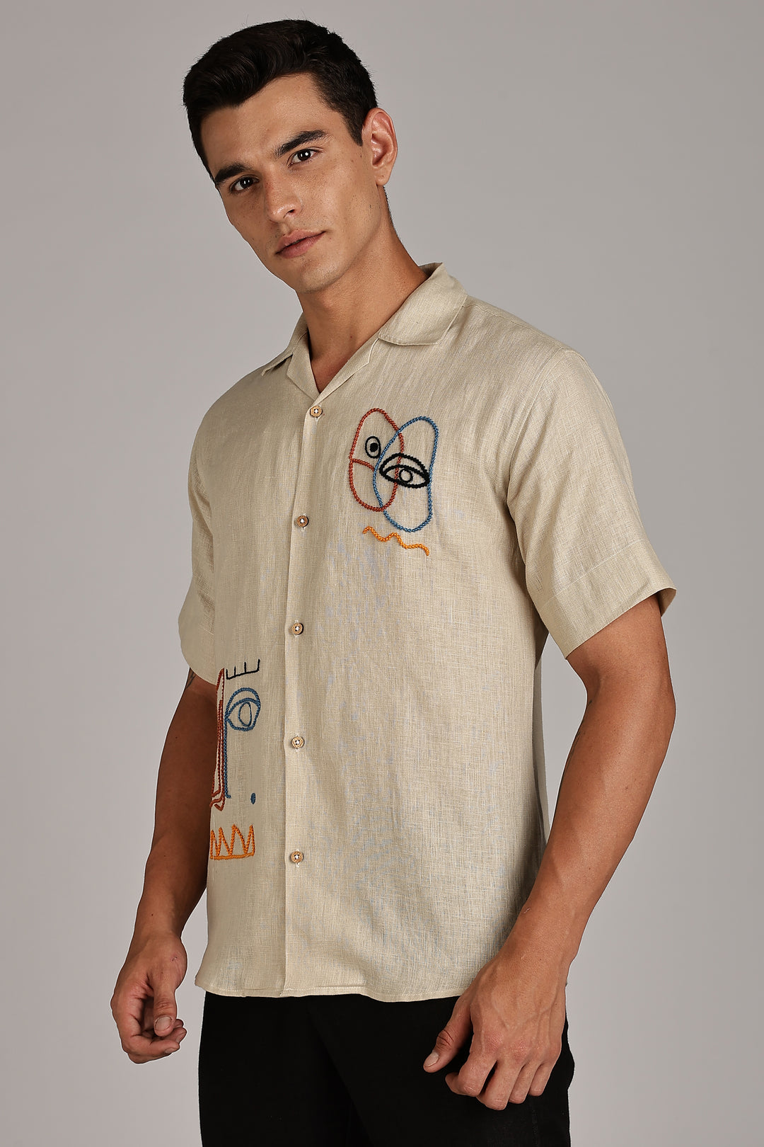 Handwork Beige Linen Shirt – EyeCraft Embroidery – 100% Pure Linen – Men's Trending Fashion | CraftedLinen