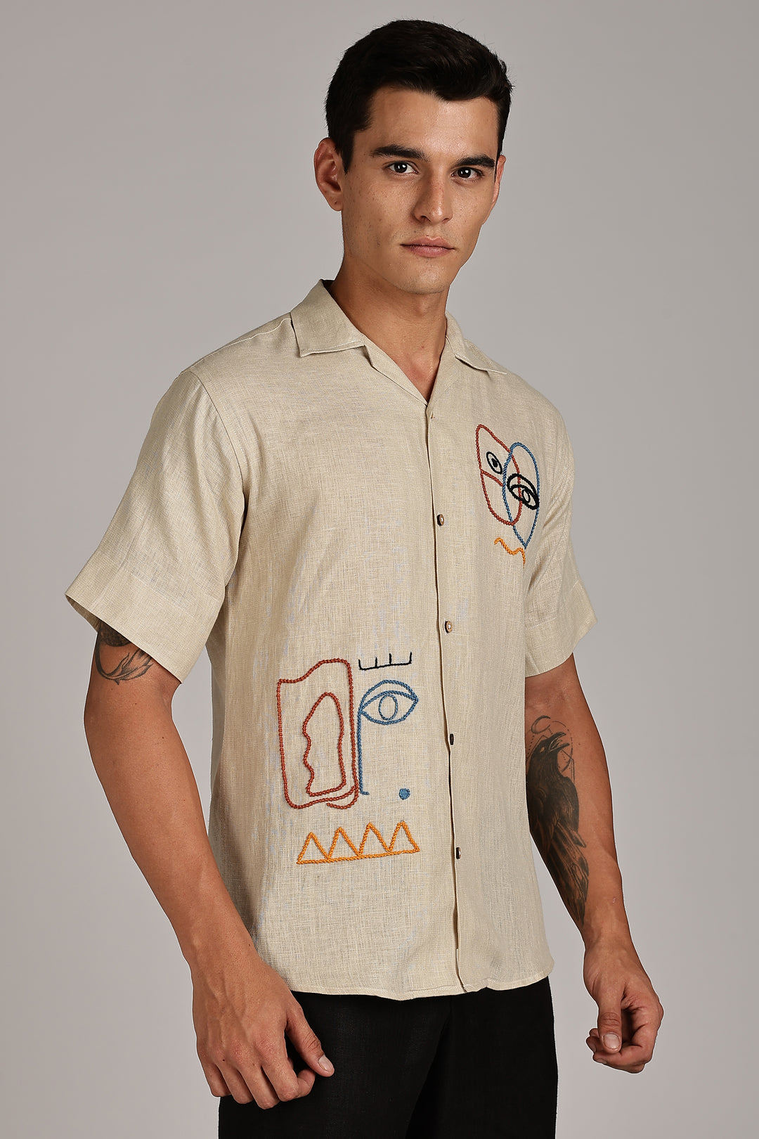 Handwork Beige Linen Shirt – EyeCraft Embroidery – 100% Pure Linen – Men's Trending Fashion | CraftedLinen