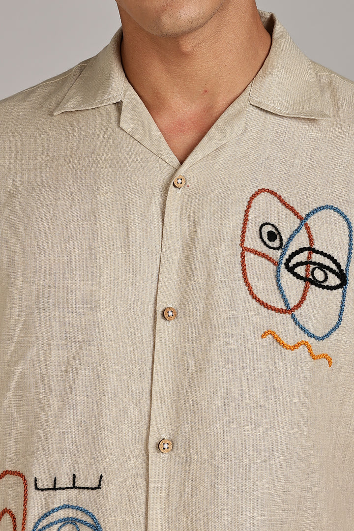 Handwork Beige Linen Shirt – EyeCraft Embroidery – 100% Pure Linen – Men's Trending Fashion | CraftedLinen