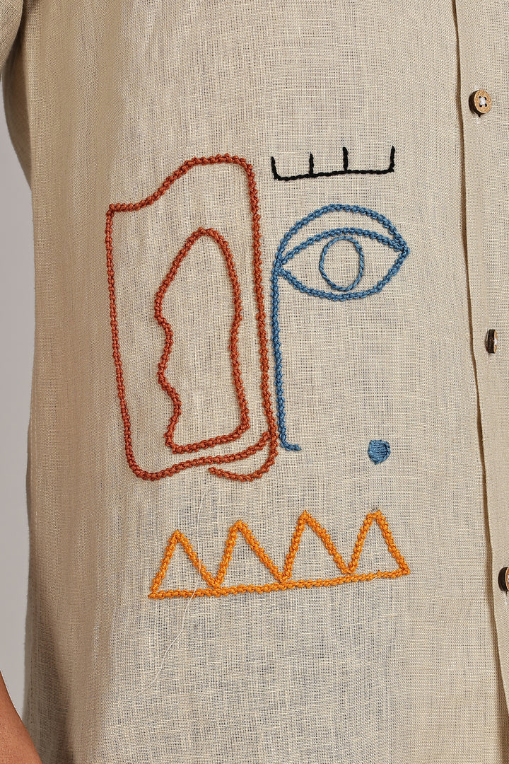 Handwork Beige Linen Shirt – EyeCraft Embroidery – 100% Pure Linen – Men's Trending Fashion | CraftedLinen