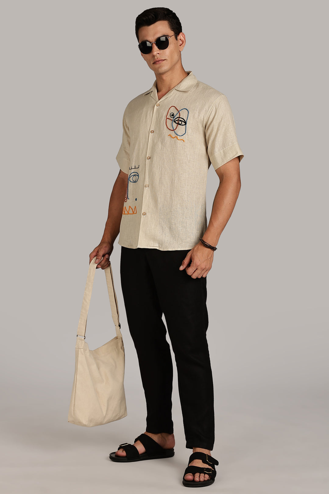 Handwork Beige Linen Shirt – EyeCraft Embroidery – 100% Pure Linen – Men's Trending Fashion | CraftedLinen