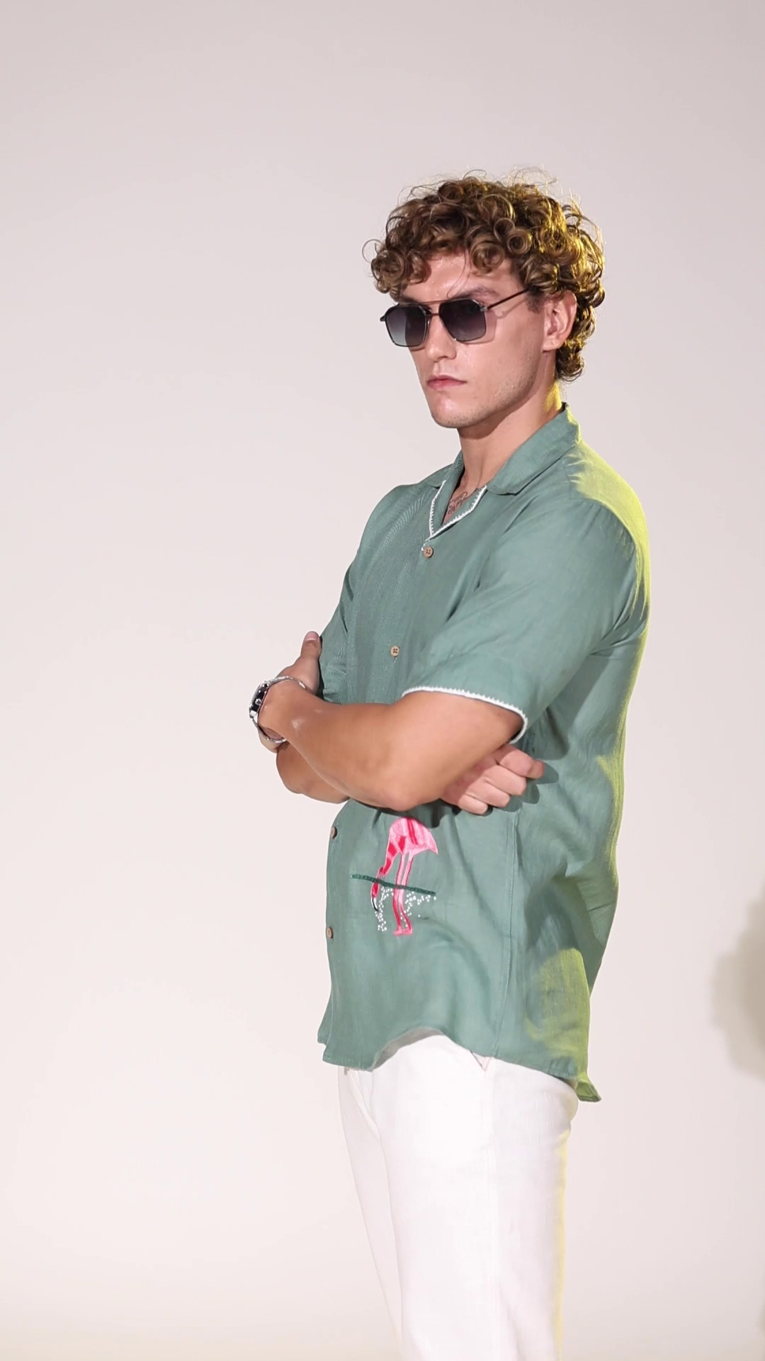 Green Linen Shirt with Flamingo handwork design